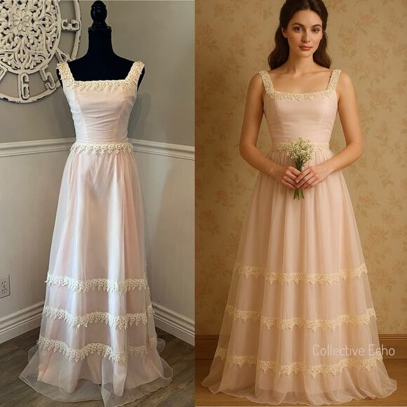 Vintage 1970s Handmade Blush Pink Formal Gown Prairie Romance Metal Zipper - Picture 11 of 11